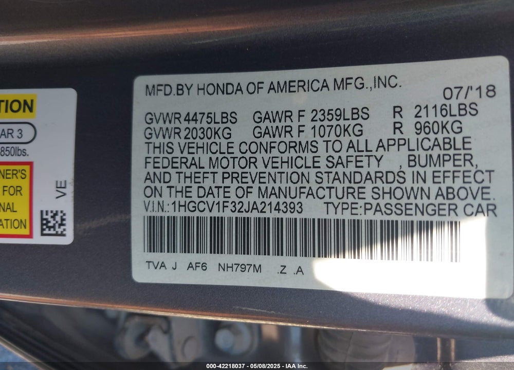 2018 HONDA ACCORD VIN: 1HGCV1F32JA214393