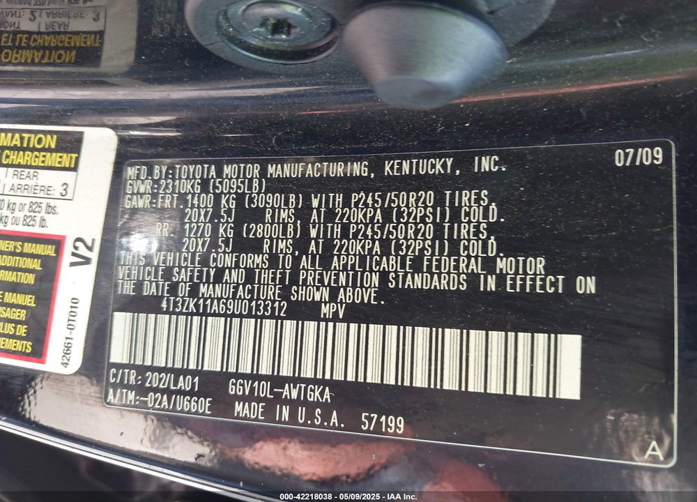 2009 TOYOTA VENZA VIN: 4T3ZK11A69U013312