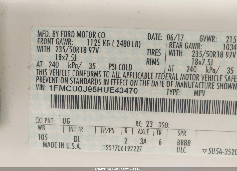2017 FORD ESCAPE VIN: 1FMCU0J95HUE43470