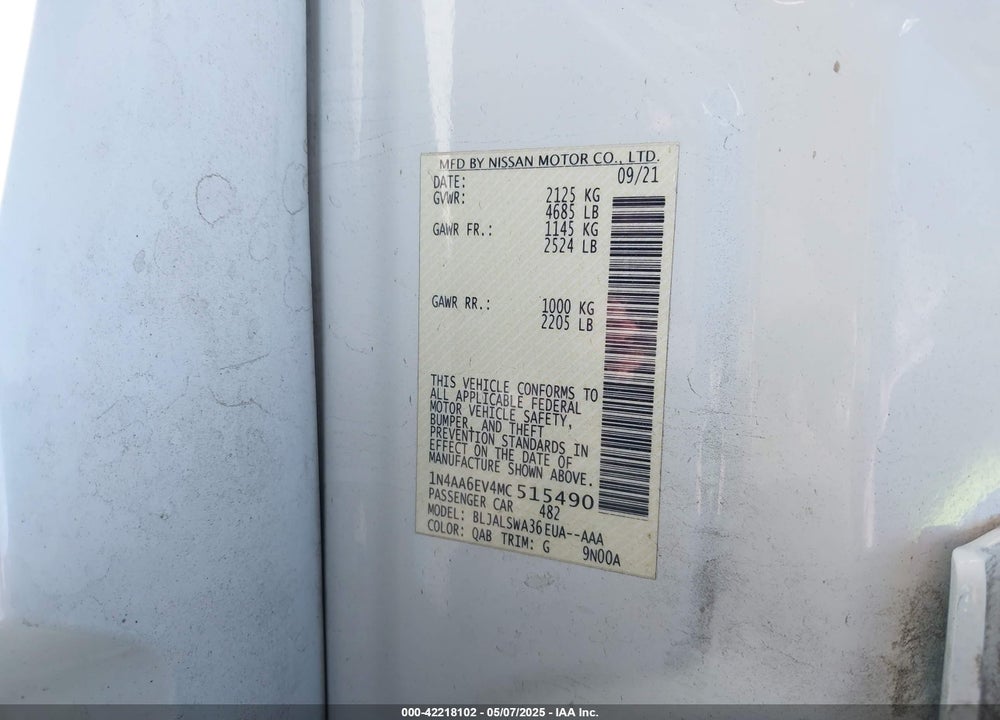 2021 NISSAN MAXIMA SR XTRONIC CVT VIN: 1N4AA6EV4MC515490