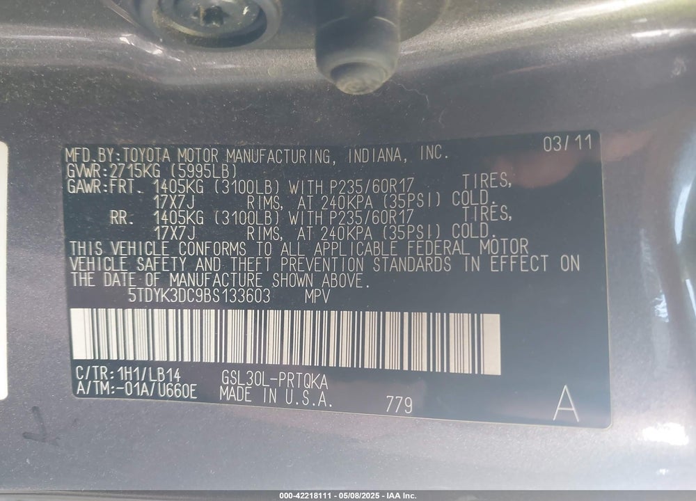2011 TOYOTA SIENNA XLE V6 VIN: 5TDYK3DC9BS133603