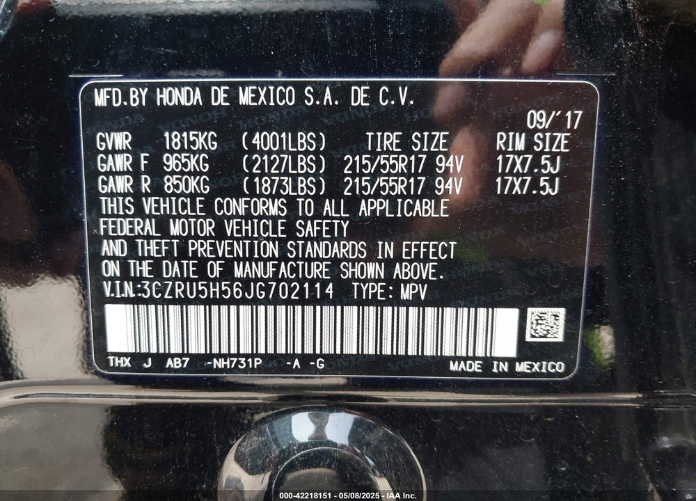 2018 HONDA HR-V EX VIN: 3CZRU5H56JG702114