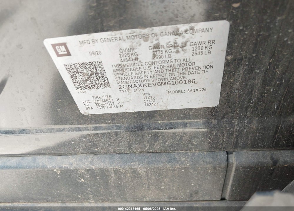 2021 CHEVROLET EQUINOX VIN: 2GNAXKEV6M6100186