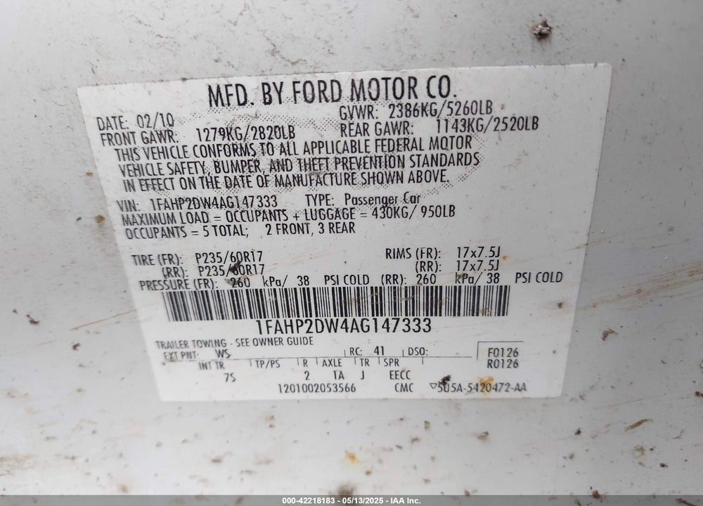 2010 FORD TAURUS SE VIN: 1FAHP2DW4AG147333