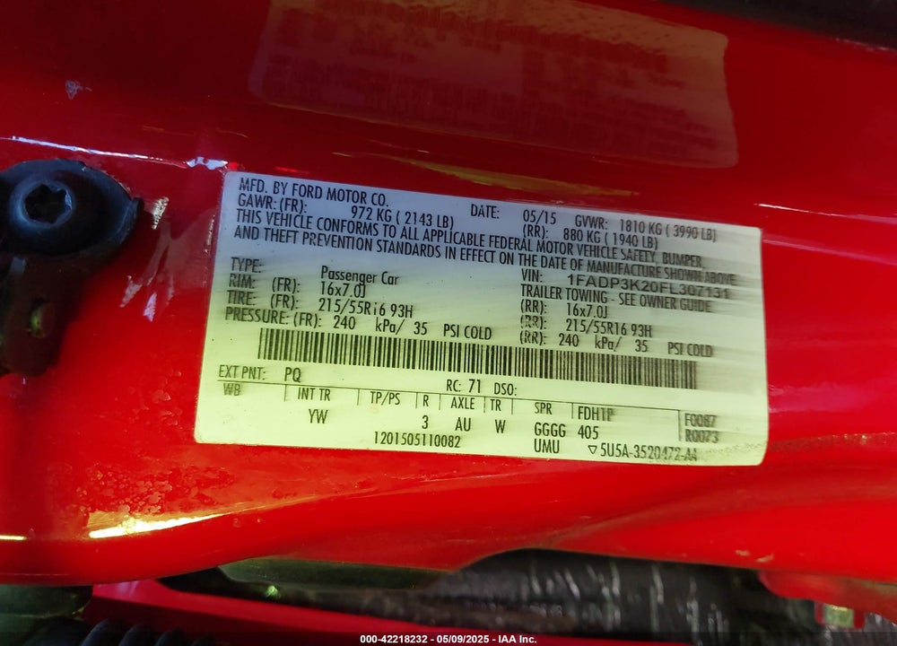 2015 FORD FOCUS VIN: 1FADP3K20FL307131