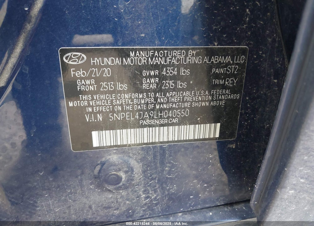 2020 HYUNDAI SONATA VIN: 5NPEL4JA9LH040550