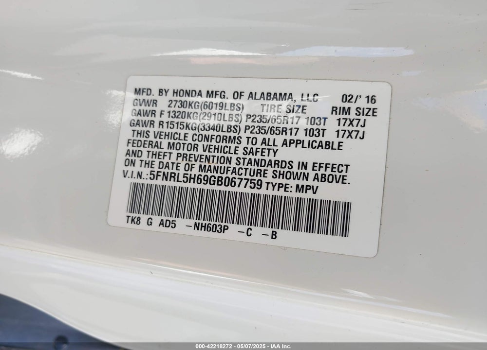 2016 HONDA ODYSSEY EX-L VIN: 5FNRL5H69GB067759