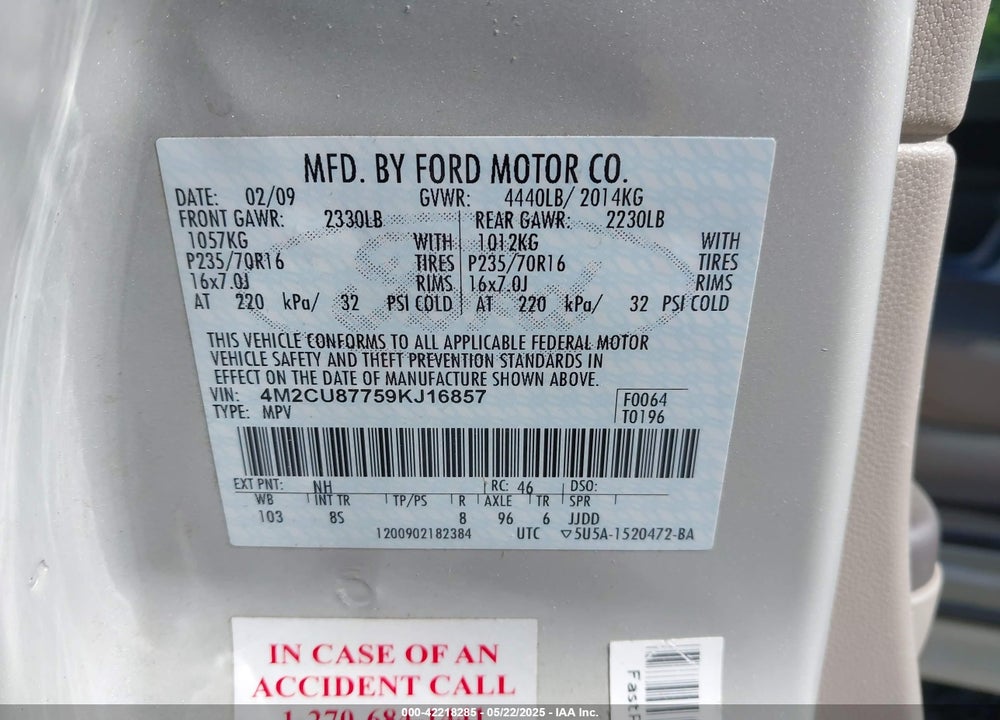 2009 MERCURY MARINER PREMIER VIN: 4M2CU87759KJ16857