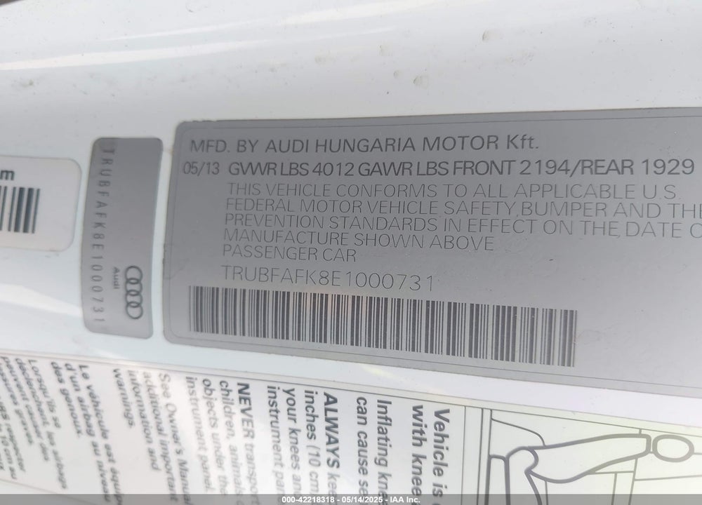2014 AUDI TT 2.0T VIN: TRUBFAFK8E1000731