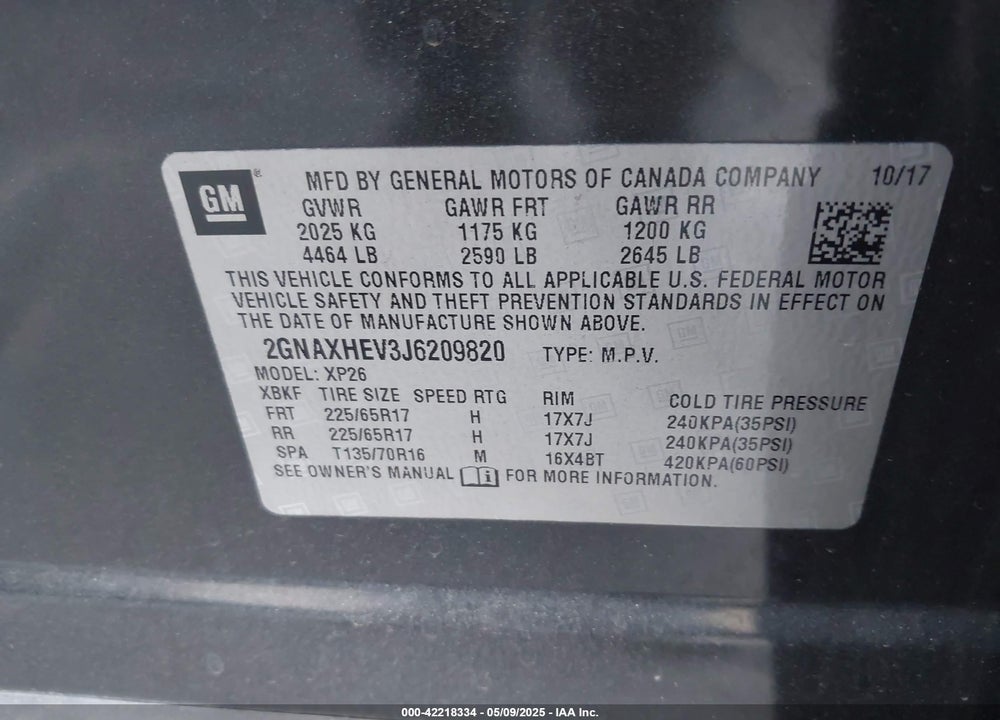 2018 CHEVROLET EQUINOX VIN: 2GNAXHEV3J6209820