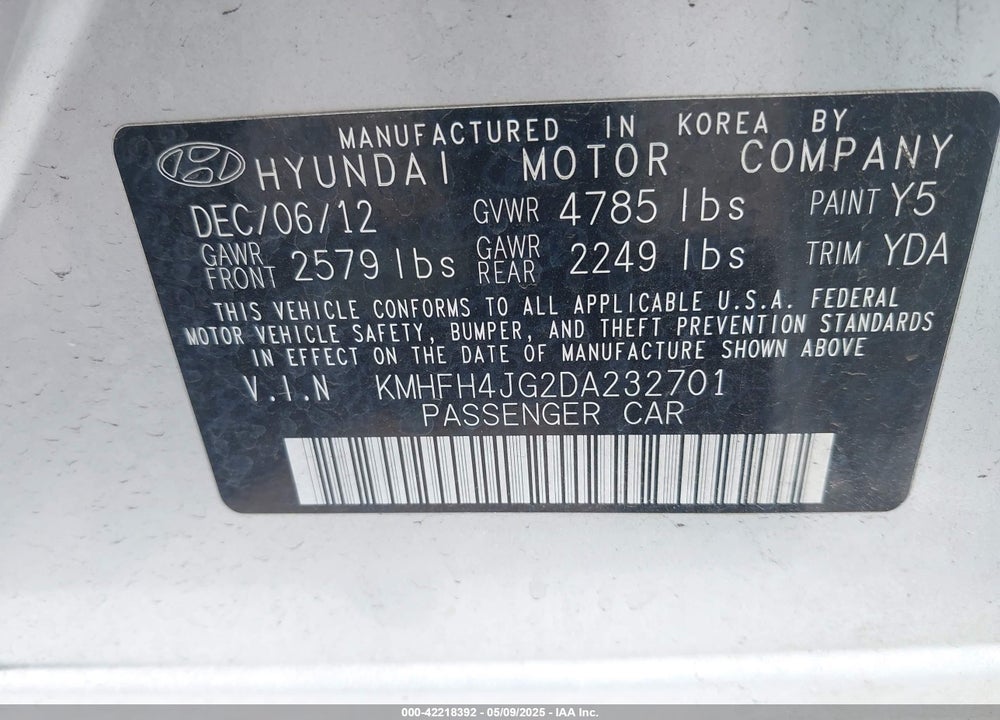 2013 HYUNDAI AZERA VIN: KMHFH4JG2DA232701