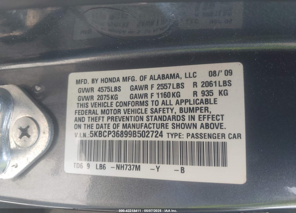 2009 HONDA ACCORD 3.5 EX-L VIN: 5KBCP36899B502724