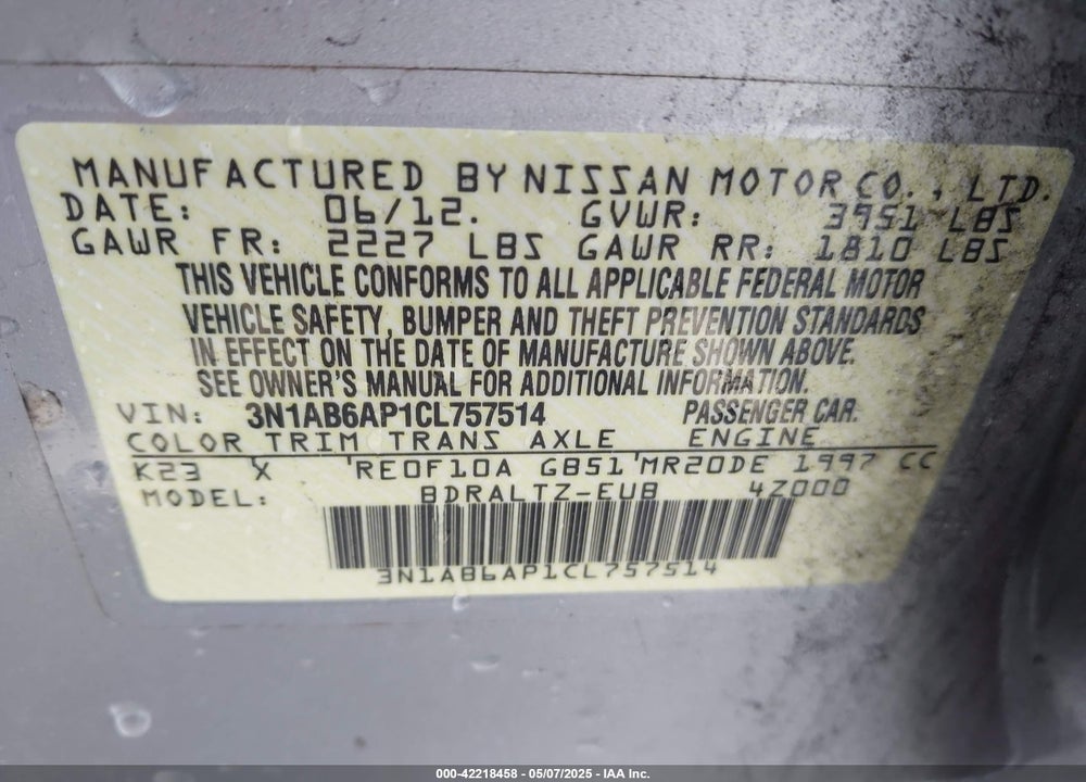 2012 NISSAN SENTRA VIN: 3N1AB6AP1CL757514