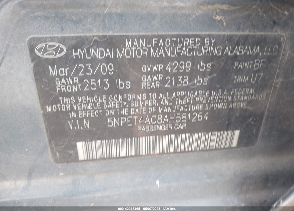 2010 HYUNDAI SONATA VIN: 5NPET4AC8AH581264