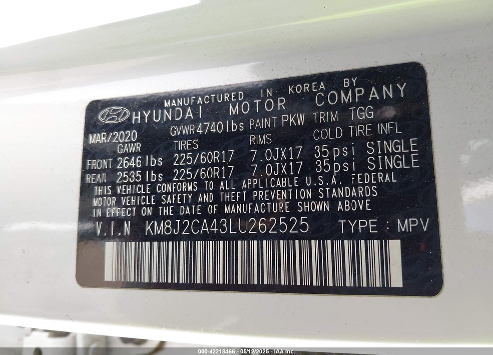 2020 HYUNDAI TUCSON VIN: KM8J2CA43LU262525