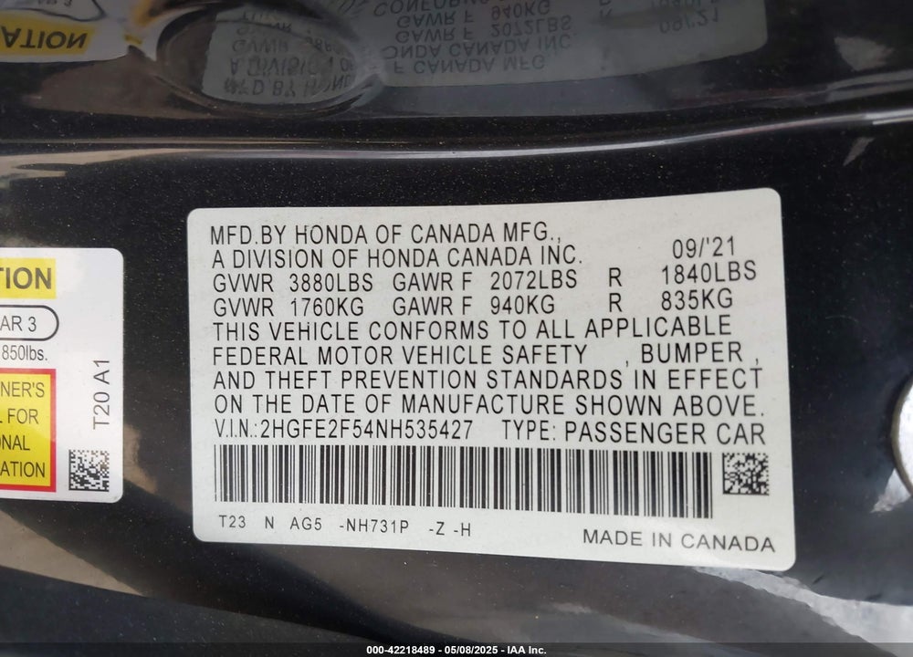 2022 HONDA CIVIC VIN: 2HGFE2F54NH535427
