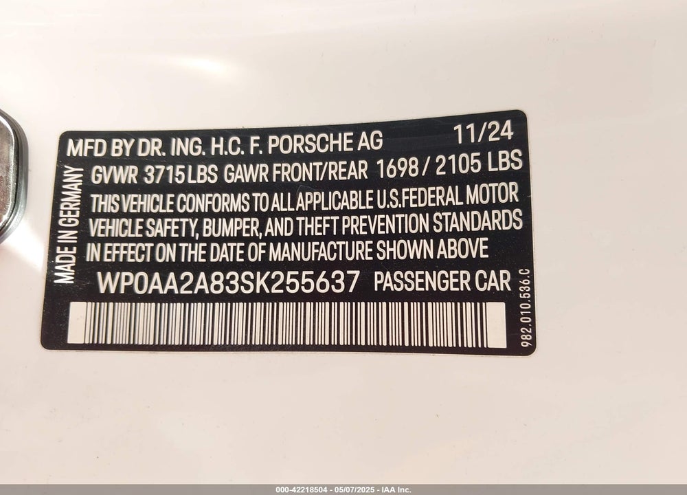 2025 PORSCHE 718 CAYMAN VIN: WP0AA2A83SK255637