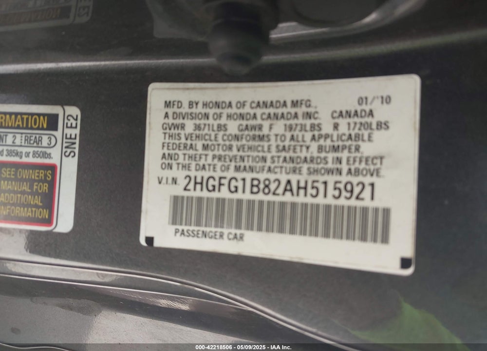 2010 HONDA CIVIC EX VIN: 2HGFG1B82AH515921