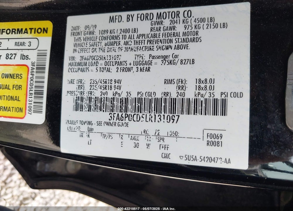2020 FORD FUSION VIN: 3FA6P0CD5LR131097