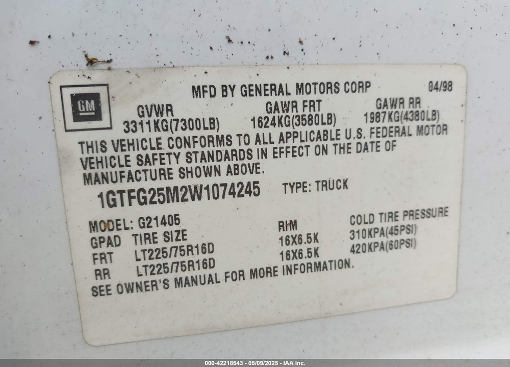 1998 GMC SAVANA STANDARD VIN: 1GTFG25M2W1074245