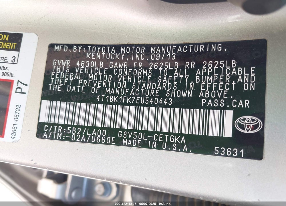 2014 TOYOTA CAMRY XLE V6 VIN: 4T1BK1FK7EU540443