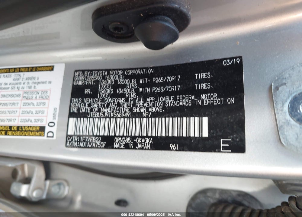 2019 TOYOTA 4RUNNER LIMITED/LIMITED NIGHTSHADE/SR5/SR5 PREMIUM/TRD OFF ROAD/TRD OFF ROAD PREMIUM/TRD PRO VIN: JTEBU5JR1K5689491
