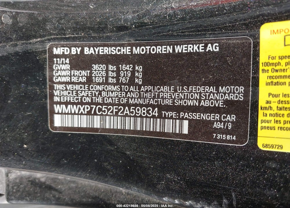 2015 MINI HARDTOP VIN: WMWXP7C52F2A59834