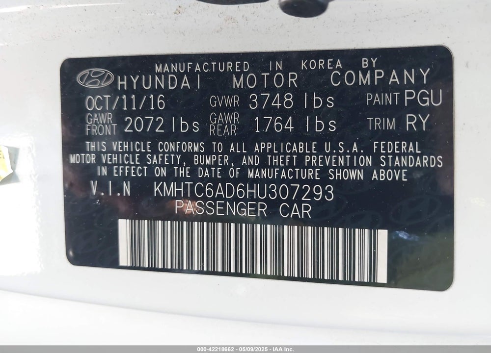 2017 HYUNDAI VELOSTER VIN: KMHTC6AD6HU307293