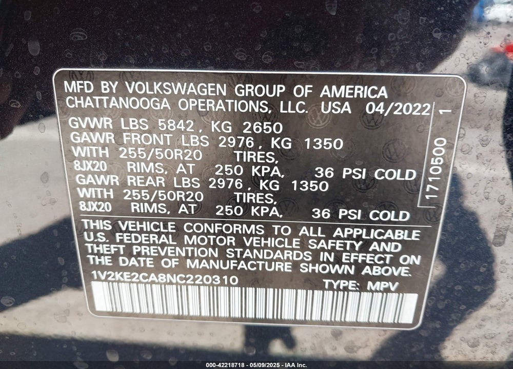2022 VOLKSWAGEN ATLAS CROSS SPORT 3.6L V6 SE W/TECHNOLOGY VIN: 1V2KE2CA8NC220310