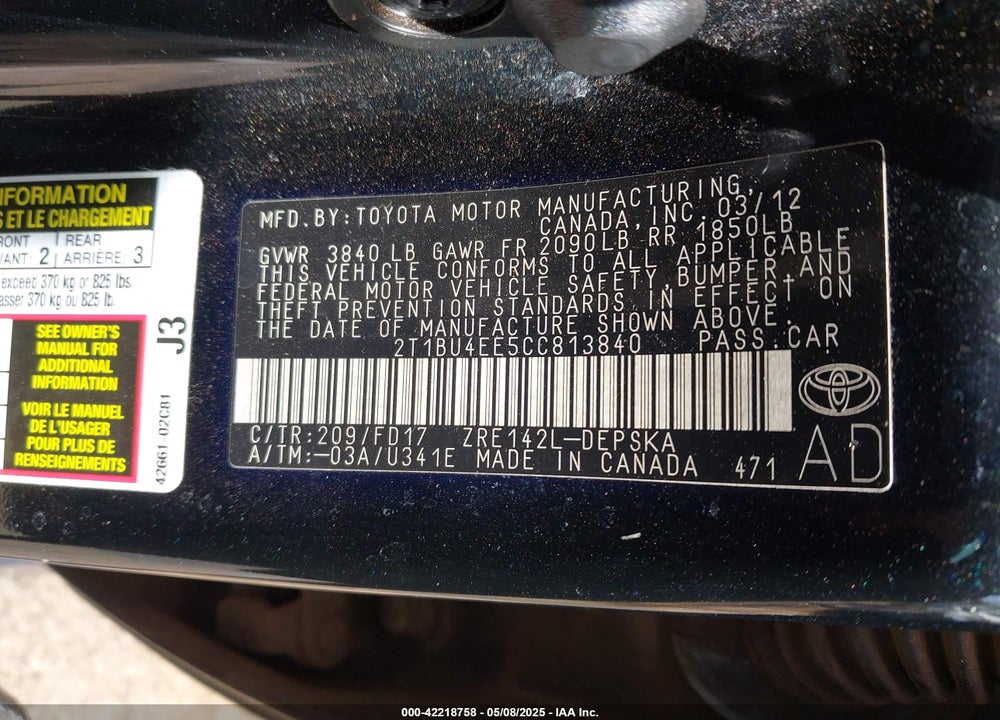 2012 TOYOTA COROLLA VIN: 2T1BU4EE5CC813840