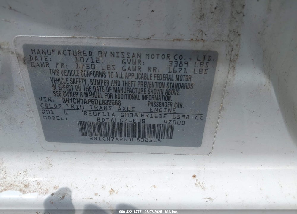 2013 NISSAN VERSA VIN: 3N1CN7AP6DL832568