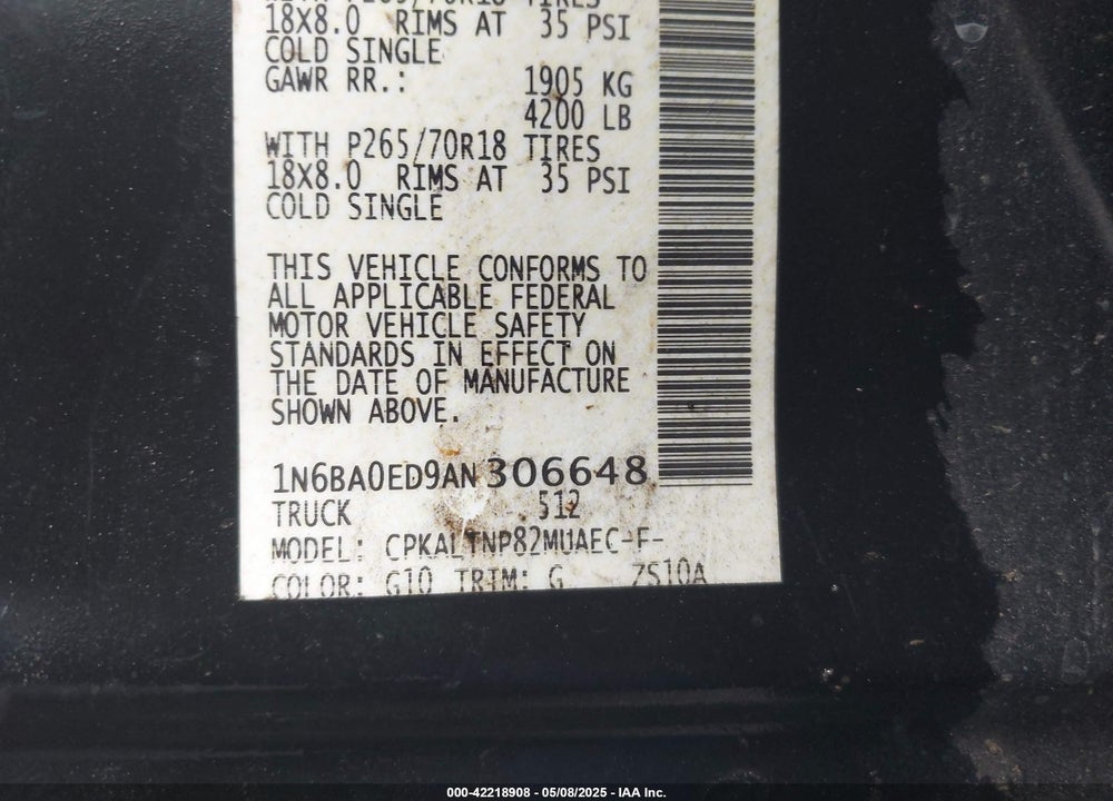 2010 NISSAN TITAN VIN: 1N6BA0ED9AN306648