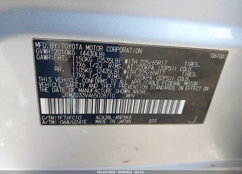 2006 TOYOTA RAV4 VIN: JTMZD33V465028710