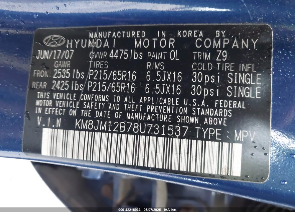 2008 HYUNDAI TUCSON GLS VIN: KM8JM12B78U731537
