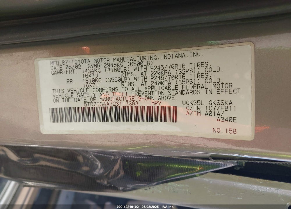 2002 TOYOTA SEQUOIA SR5 V8 VIN: 5TDZT34A72S117383