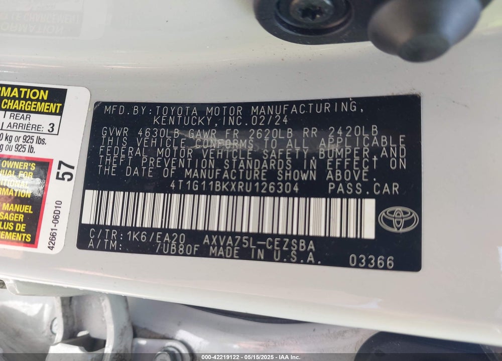 2024 TOYOTA CAMRY VIN: 4T1G11BKXRU126304