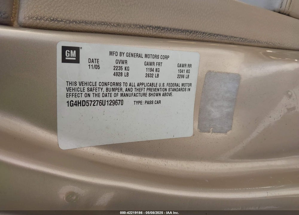 2006 BUICK LUCERNE CXL VIN: 1G4HD57276U129670
