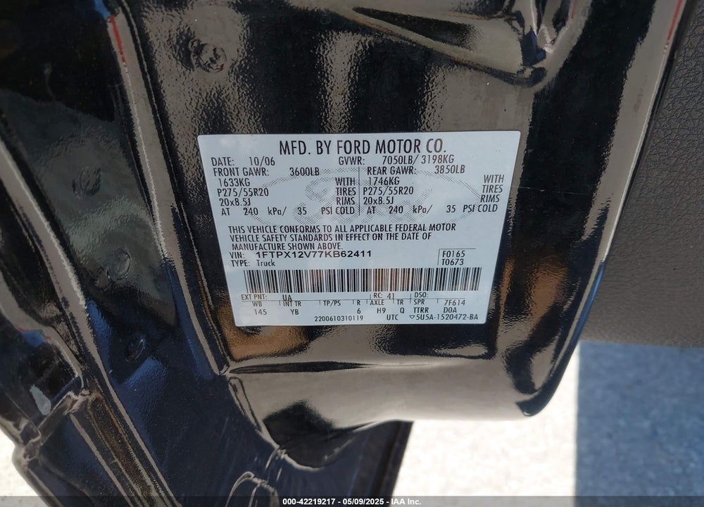 2007 FORD F-150 LARIAT/STX/XL/XLT VIN: 1FTPX12V77KB62411