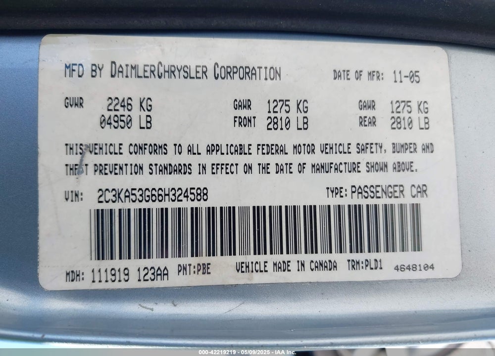 2006 CHRYSLER 300 VIN: 2C3KA53G66H324588