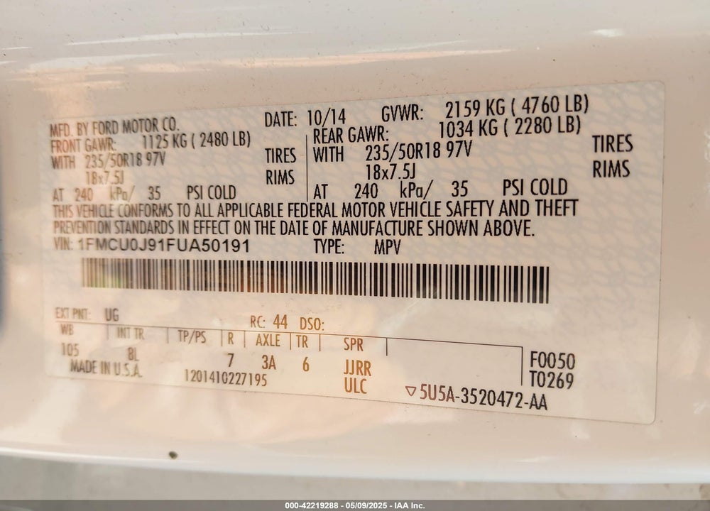 2015 FORD ESCAPE VIN: 1FMCU0J91FUA50191
