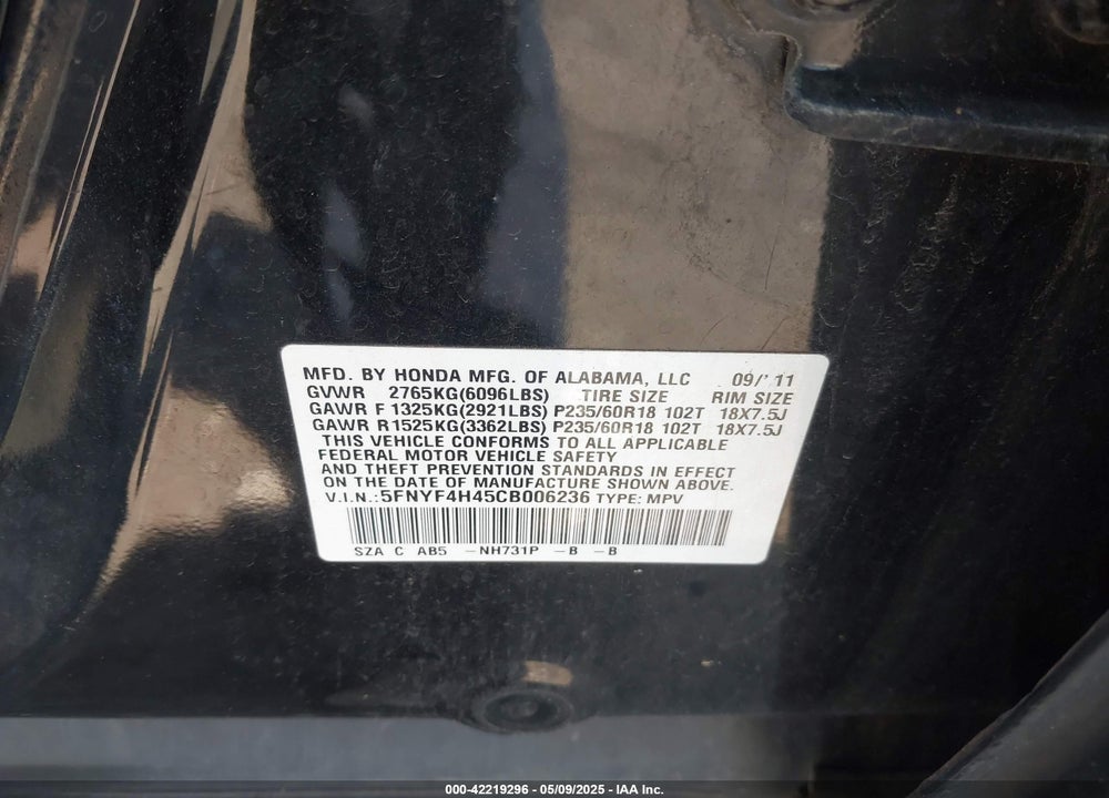 2012 HONDA PILOT VIN: 5FNYF4H45CB006236