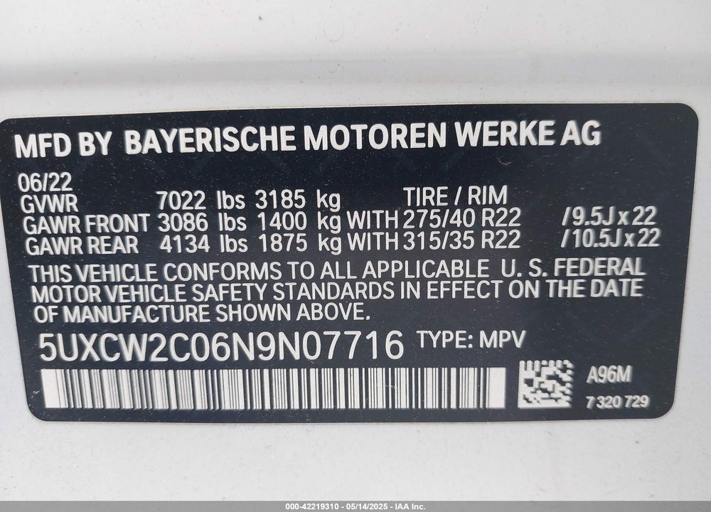 2022 BMW X7 VIN: 5UXCW2C06N9N07716