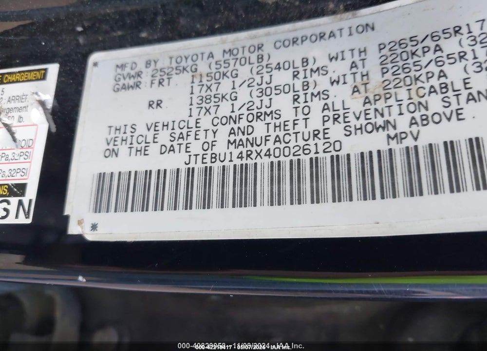 2004 TOYOTA 4RUNNER SR5 SPORT V6 VIN: JTEBU14RX40026120