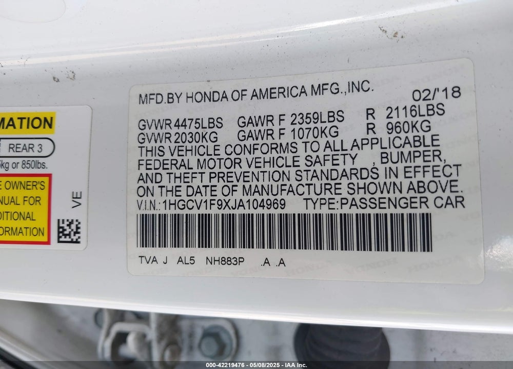 2018 HONDA ACCORD VIN: 1HGCV1F9XJA104969