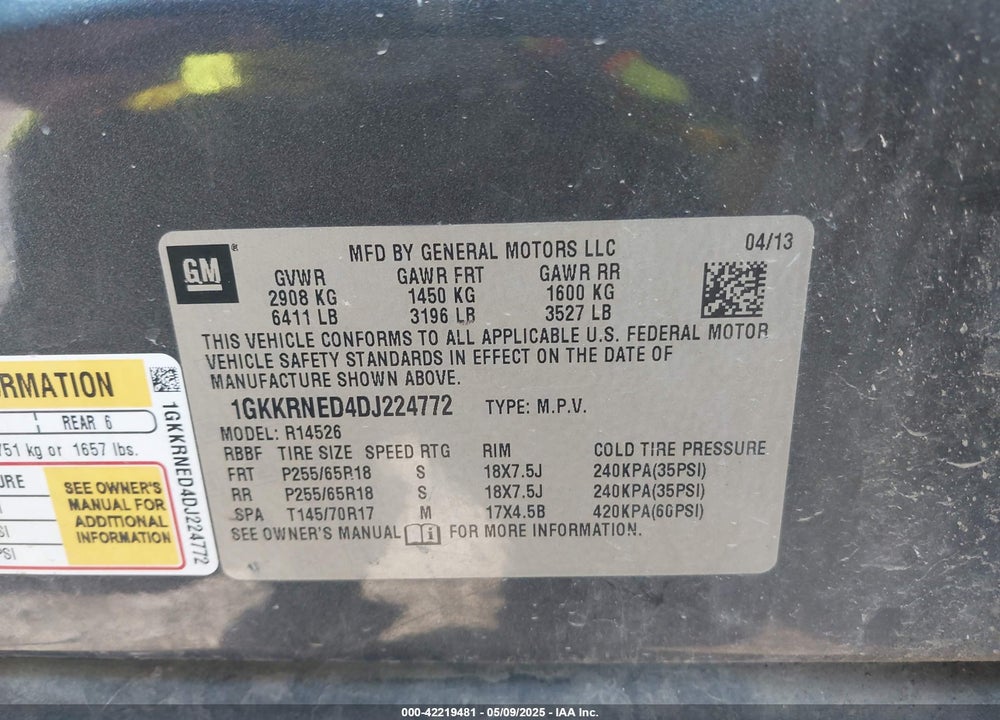 2013 GMC ACADIA SLE-1 VIN: 1GKKRNED4DJ224772