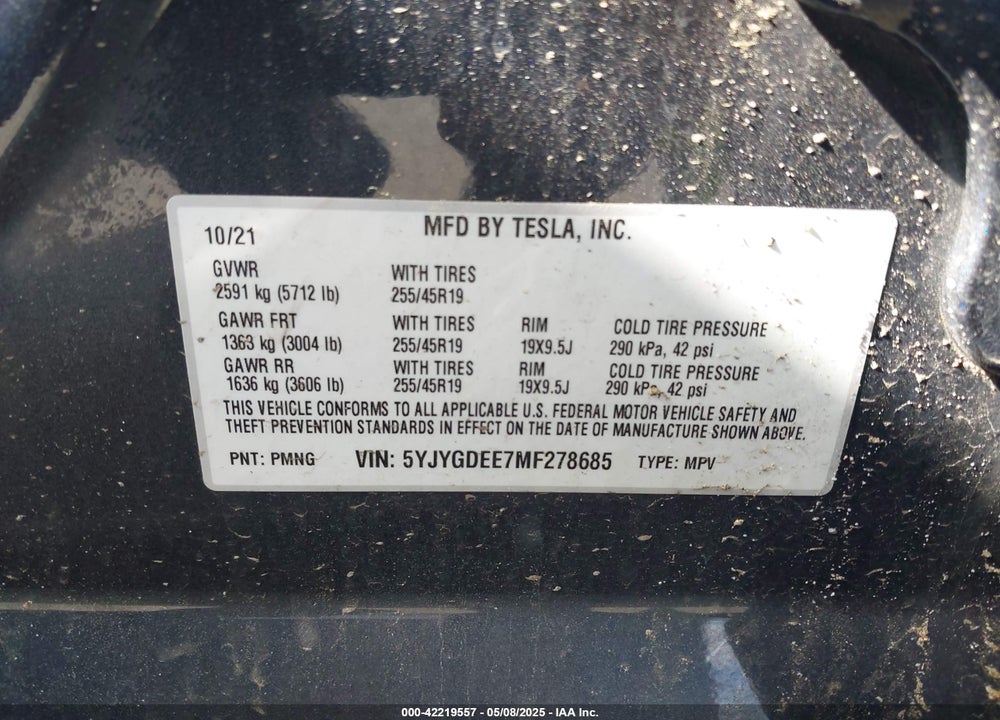 2021 TESLA MODEL Y VIN: 5YJYGDEE7MF278685