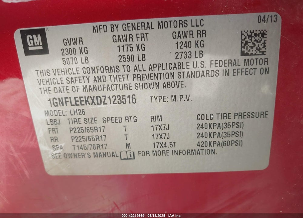 2013 CHEVROLET EQUINOX 1LT VIN: 1GNFLEEKXDZ123516