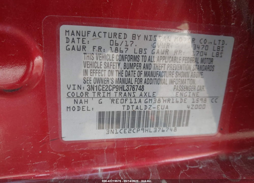 2017 NISSAN VERSA NOTE SV VIN: 3N1CE2CP9HL376748