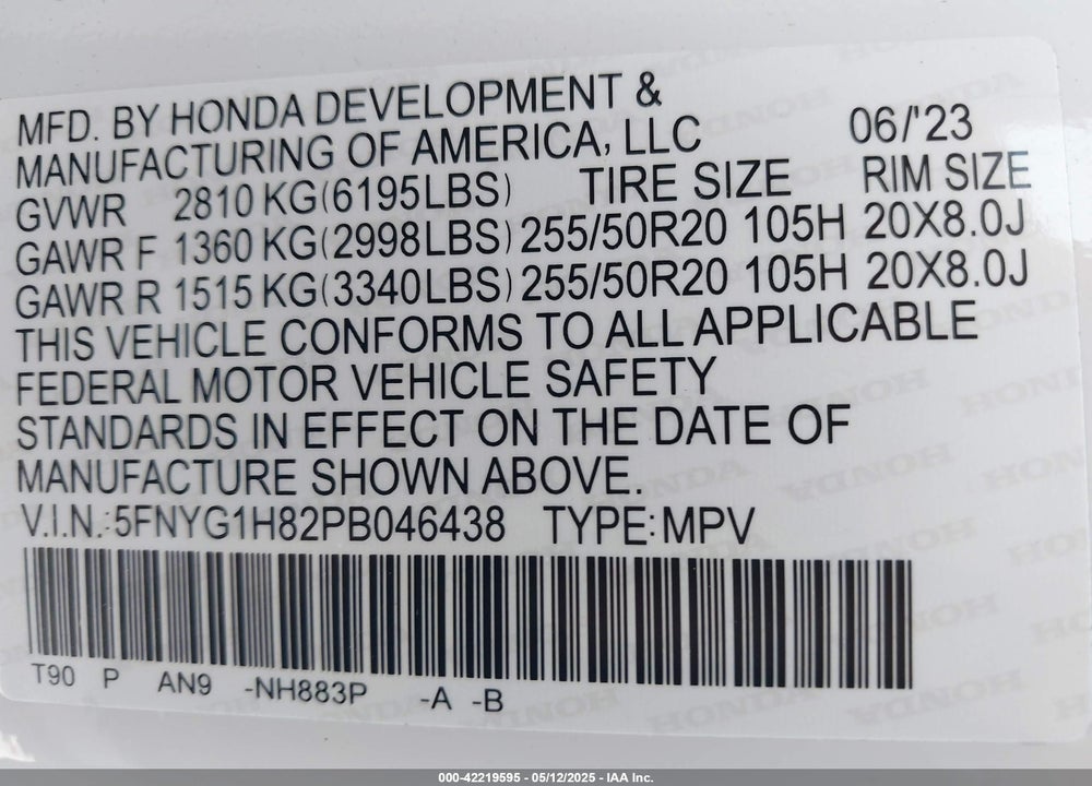 2023 HONDA PILOT VIN: 5FNYG1H82PB046438