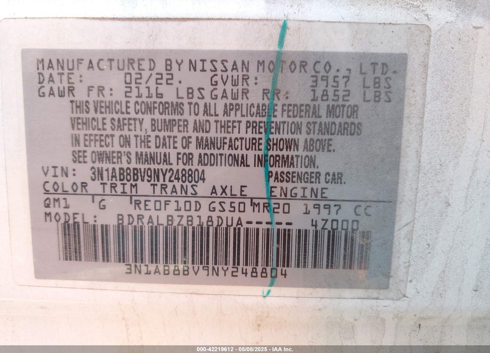 2022 NISSAN SENTRA VIN: 3N1AB8BV9NY248804